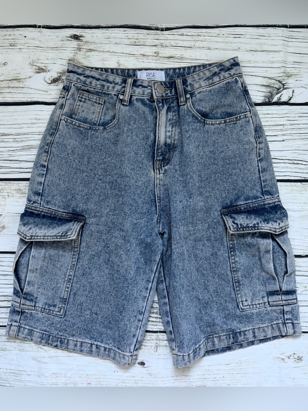 ♡ Rise Supply Co Juniors Washed Blue Denim Cargo Jorts Shorts Size 3